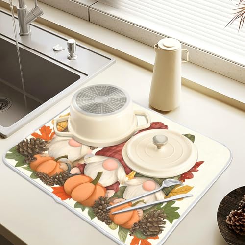 Fall Pumpkin Gnomes Maple Leaves Autumn3 Dish Drying Mat for Kitchen Counter Absorbent Microfiber Small Drying Pad Dish mats for Kitchen Countertops 16 x 18 Inch (Thanksgiving Gnome / 18" x 16")