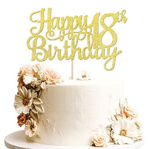 1 PCS Happy 18th Birthday Cake Topper Gold Glitter Cheers to 18 Years Birthday Cake Pick 18 Fabulous Cake Decoration for Happy 18th Birthday Theme Party Decorations Supplies (Gold / 18th)