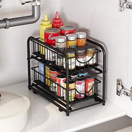 2 Tier Pull Out Organizer Under Sink Sliding Cabinet Rack (Black)