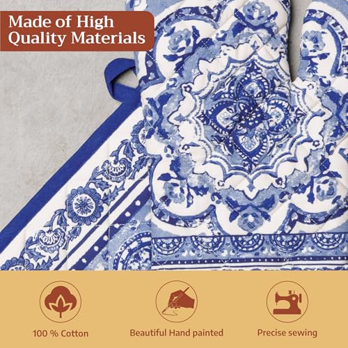 100% Cotton Oven Mitt & Pot Holder Set (014 - Melodie Bleue / 7.5" x 13" & 8" x 8" (Oven Mitt & Pot Holder))