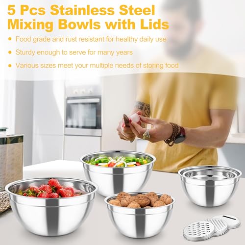 Mixing Bowls Stainless Steel Salad Serving Bowl with Clear Lids (5 Count)