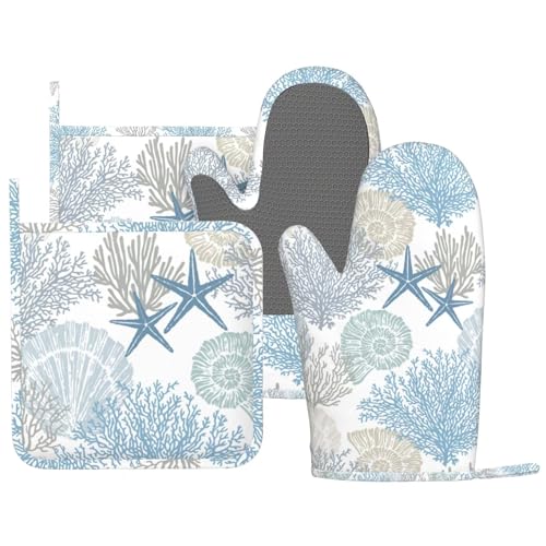 Nautical Coastal Oven Mitts and Pot Holders Sets Silicone Starfish Seashell Coral Beach Themed Kitchen Mitts Potholders Heat Resistant 4Pcs Ocean Oven Gloves Hot Pads for BBQ Grilling (Nautical Coastal)
