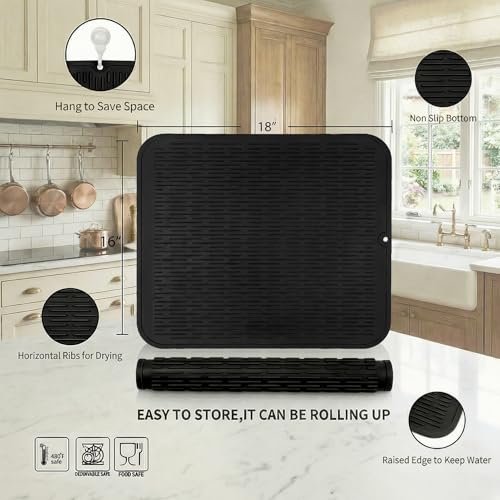 Silicone Dish Drying Mat for Multiple Usage (Black / 18"L x 16"W)