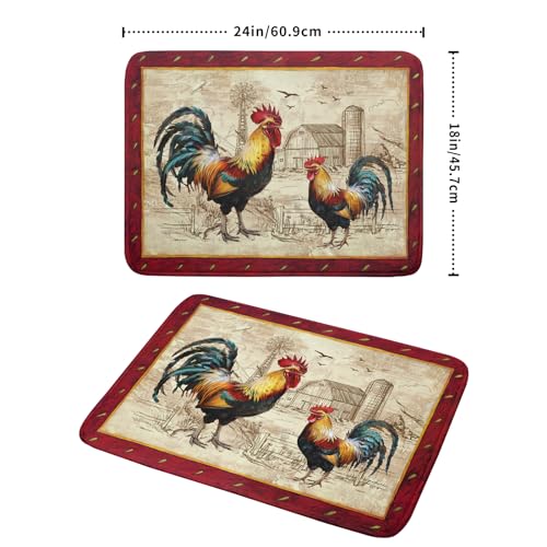 Farm Rooster Dish Drying Mat for Countertop 18x24 Inches Red Rustic Chicken Absorbent Microfiber Dry Dishes Pads Kitchen Counter Accessories (Red Rooster / 18" x 24")