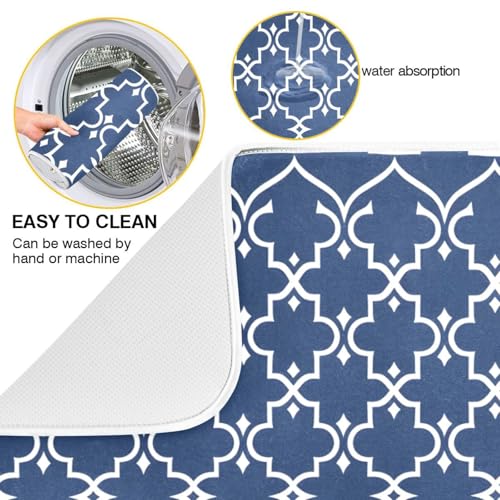 Super Absorbent Dish Drying Mat Microfiber Fast (Navy Blue Moroccan Mandala / 16" x 18")