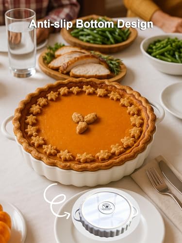 9×2in Deep Ceramic Pie Pan with Handles for Pie Quiche Tart Baking. Easy to grip (White / 9IN*2IN)