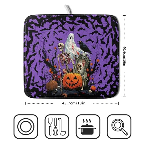 Halloween Pumpkin Dish Drying Mat 16x18 inch Spooky Ghost Bat Dish Rack Mats Microfiber Draining Pad Fast Dry Holiday Kitchen Accessories (Halloween Purple / 16x18 inch)