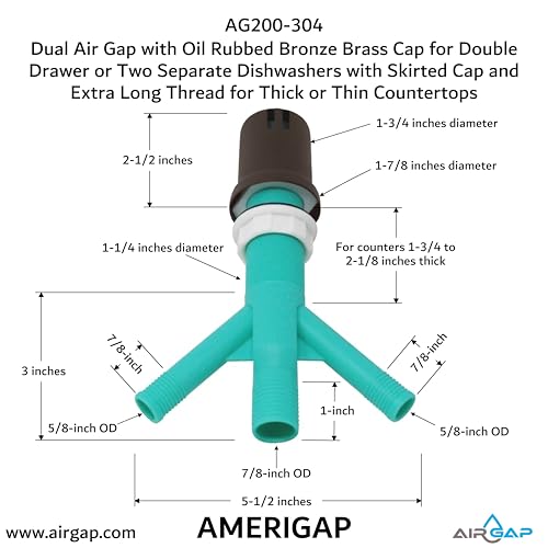 Dual Air Gap with Oil Rubbed Bronze Brass Cap for Double Drawer or Two Separate Dishwashers with Skirted Cap and Extra Long Thread for Thick or Thin Countertops (AG200-304)