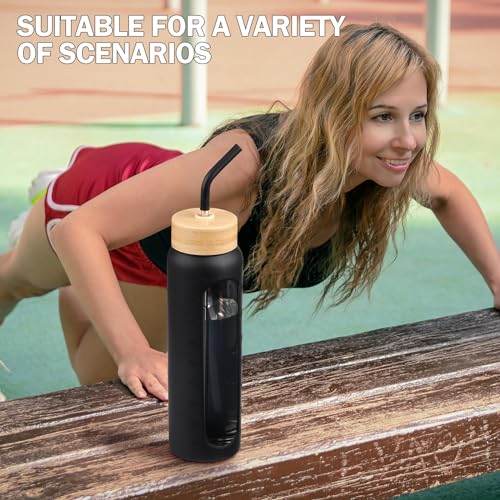 32oz Glass Water Bottle with Straw and 2 Lids (Black / 32 Ounces)
