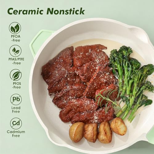 Nonstick Ceramic Skillet with Lid 12 (Mint Green / 12-inch/5QT)