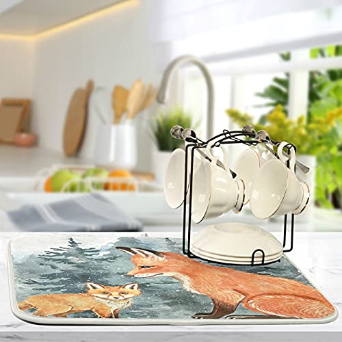 Super Absorbent Dish Drying Mat (Cute Fox Winter Christmas / 16" x 18")