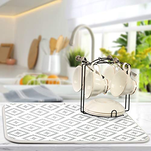 Super Absorbent Dish Drying Mat (White Moroccan Rhombus Plaid / 18" x 24")