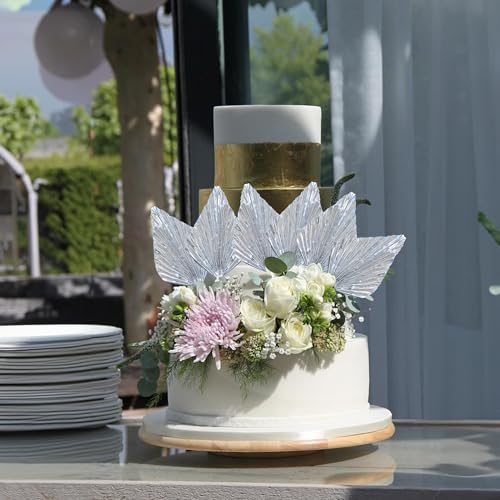 6Pcs Paper Palm Fan Cake Topper Palm Leaf Fan Cake Pick for DIY Bakeware Craft Project Home Made Wedding Bridal Shower Birthday Anniversary Party Cake Decorations Supplies Metallic Silver (6 Count)