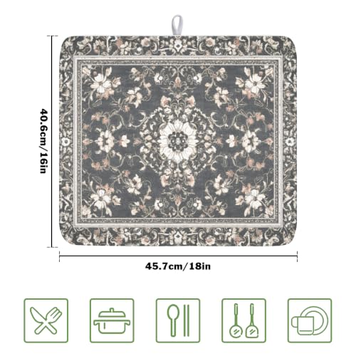 Boho Floral Dish Drying Mat Grey Leaves Dishes Drainer Pad 16x18 Inch Microfiber Absorbent Kitchen Dry Rack Mat for Counter Tableware Decor (Grey Boho Floral / 16x18 inch)