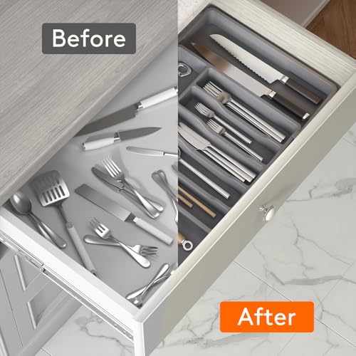 Extra Large Silverware Drawer Organizer (Dark Gray / XL (13-22''W x 15''D))