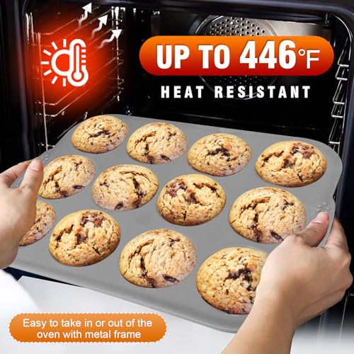 Silicone Muffin Pan with Metal Frame (2 Pcs: 12 Cups with frame, Regular Grey)