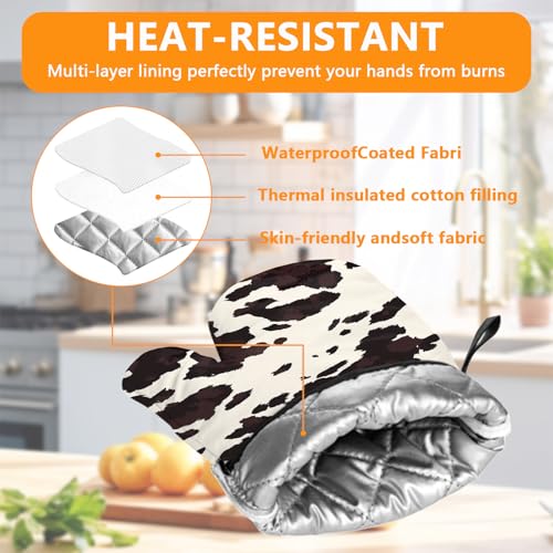 Black Cow Print Oven Mitts and Pot Holders Sets 4Pcs (Black Cowhide)