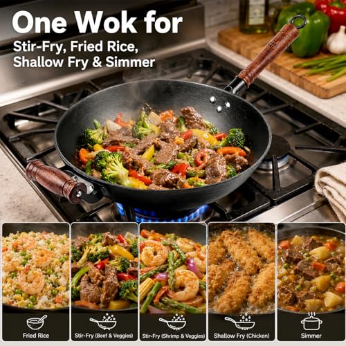 12.6 Inch Cast Iron Wok with Wooden Lid (12.6 Inch)