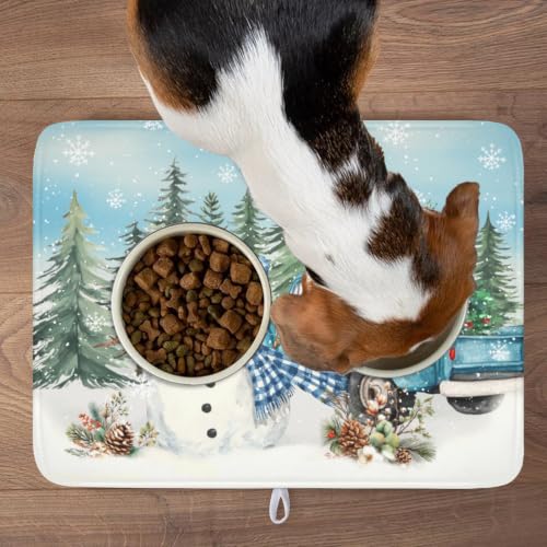 Winter Snowman Blue Dish Drying Mat Xmas Truck Dishes Pad 18"x24" Microfiber Absorbent Drainer Rack Mats Protector for Kitchen Counter Sink (Blue Snowman Truck / 18x24 inch)
