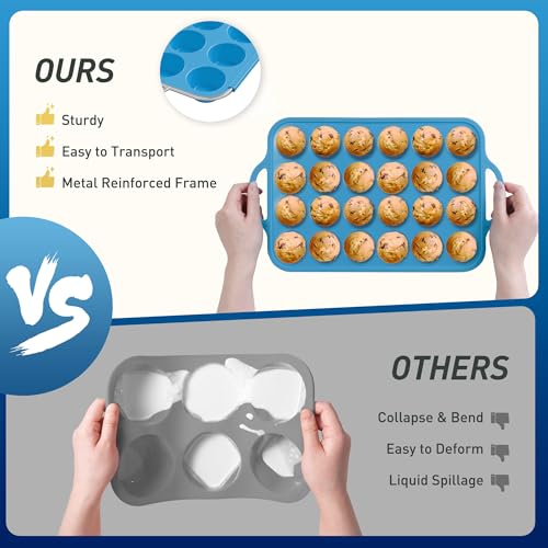 24 Cups Silicone Muffin Pan with Metal Reinforced Frame Cupcake Tray Egg Mold Mama Mommy Mom Ever Christmas Xmas Birthday Law Step Stepmom Stepmother Who Have Everything Good Unique Useful Present (1pc: 24-Cup Mini / Blue)