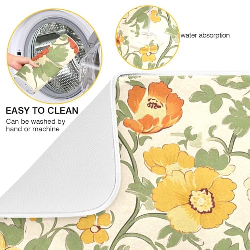 Retro Yellow Orange Flowers Dish Drying Mat for Kitchen Counter Absorbent Microfiber Drying Pad (18" x 24")