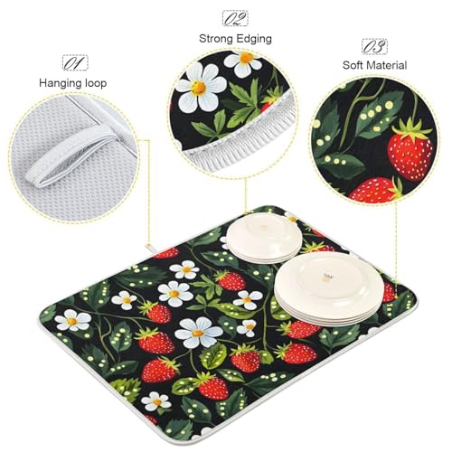 Strawberries White Flowers Dish Drying Mat for Kitchen Counter Absorbent Microfiber Drying Pad (18" x 18")