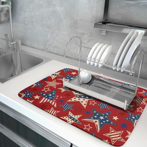 4th of July Dish Drying Mat for Kitchen Counter Patriotic Red Absorbent Dishes Dryer Pad 18 x 24 in (Patriotic Stars Red / 24" x 18")