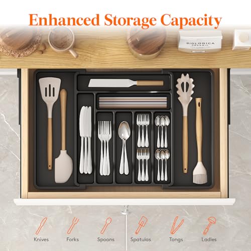 Expandable Silverware Drawer Organizer (Black / XL (13"-22.4" W × 15"D))