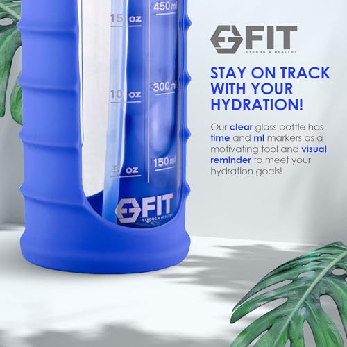 32 oz Glass Water Bottle with Time Marker (Ribbed Royal Blue Sleeve)