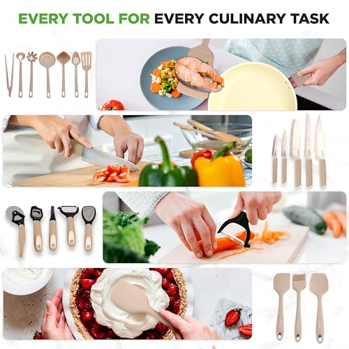 75-Piece Non-Stick Pots and Pans Set, Complete Ceramic Cookware Set with Bakeware, Utensils, Knife Set, & Accessories, Stain-Resistant, Food-Grade Safe, Cream/Brown (Taupe Brown / Assorted Sizes)