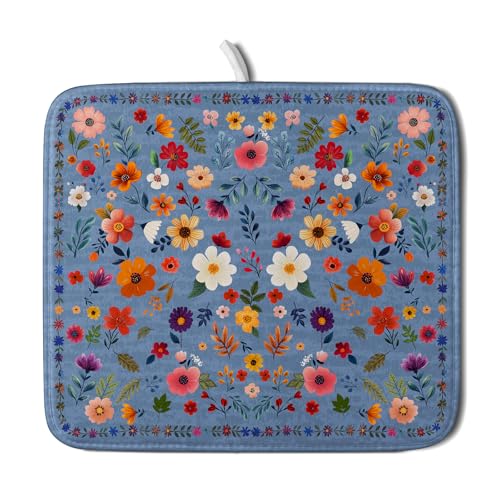 Lovely Flowers Dish Drying Mat (Wildflowers Blue / 18" x 16")