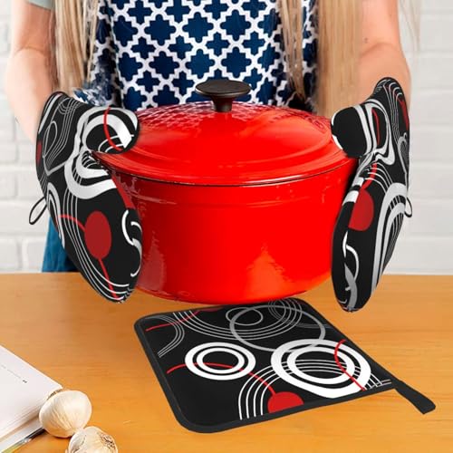 Modern Black Red Retro Oven Mitts and Pot Holders Sets of 3 (Black Red)