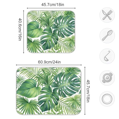 Green Monstera Palm Leaves Dish Drying Mat for Kitchen Counter Absorbent Microfiber Drying Pad (18" x 24")
