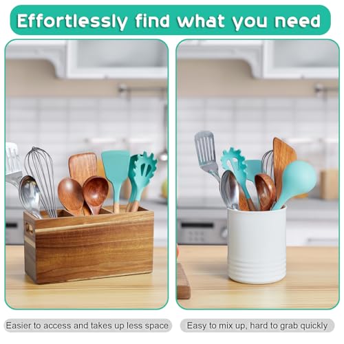 Acacia Wood Utensil Holder Organizer for Counter (Acacia / 3 Compatment)
