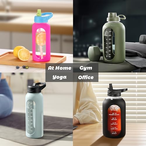 64 oz Glass Water Bottle with Straw (Black / 64 Ounces)