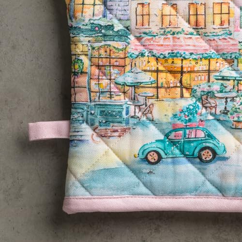 100% Cotton Oven Mitt & Pot Holder Set (124 - Christmas Market - Pink / 7.5" x 13" & 8" x 8" (Oven Mitt & Pot Holder))