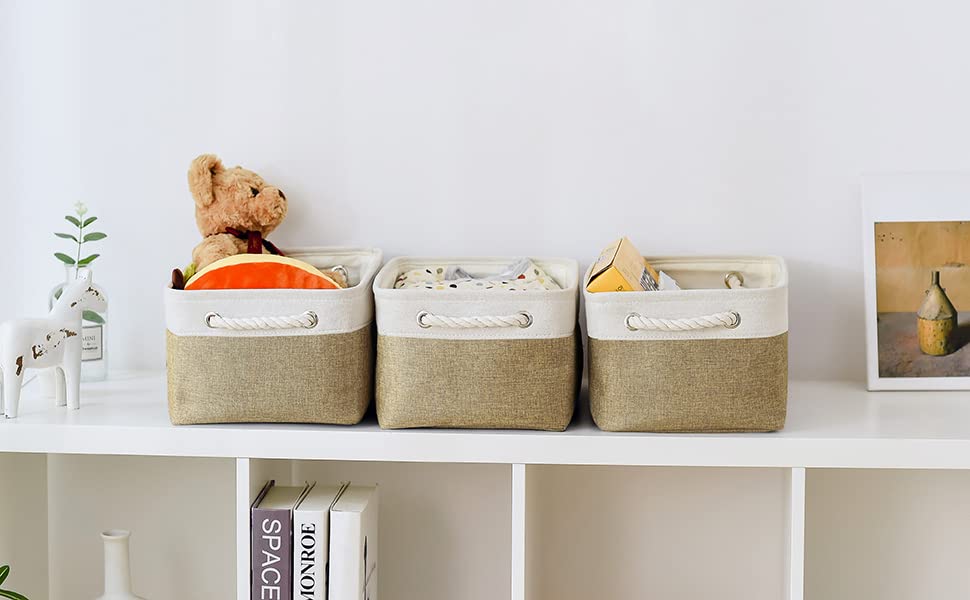 Storage Basket for Organizing (White & Khaki / 3PCS/Medium -13.8Lx9.8Wx6.7H)