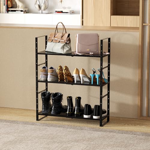 Expandable Shoe Rack Stackable Metal Pantry Storage Shelves Stand Adjustable Height Cabinet Shelf Organizer Racks Spice Shelving (Black / 1PACK/BLACK/LARGE)