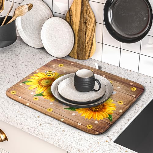 Sunflower Bee Dish Drying Mat for Kitchen Counter Home 16x18 Inch Wood Barn Microfiber Drainer Rack Mats Washable Absorbent Dish Dry Pad (Sunflower Bee Wood / 16" x 18")