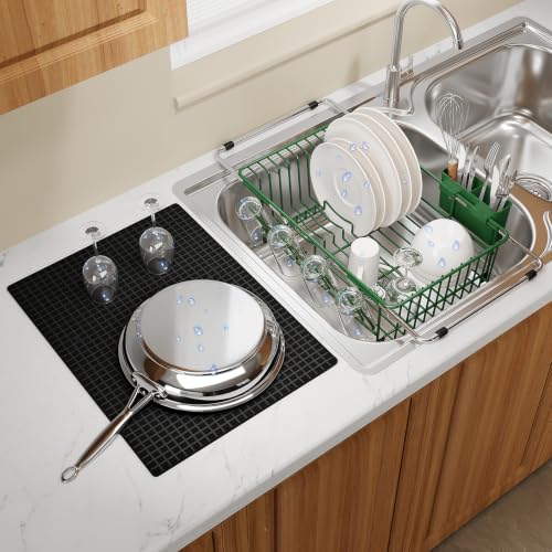 Green Expandable Dish Drying Rack Over Sink with Extra Drying Mat (Green / For 11.5"-16" W Sink with Cup Holder & Mat)