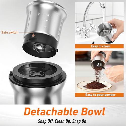Electric Coffee and Spice Grinder (Stainless / 2 removable bowl)