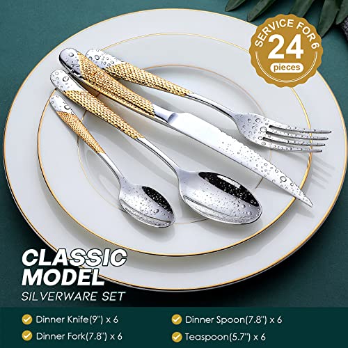 Hammered Silver Gold Silverware Set (Hammered Silver Gold | 24pcs)