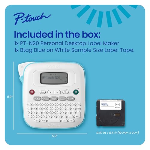 P-Touch PT-N20 Personal Desktop Label Maker, Portable, Handheld and Prints, P-Touch Btag ~½” (12mm) Wide Color Personalized Label Tapes