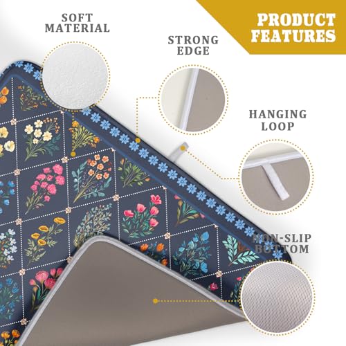 Machine Washable Dish Drying Mat for Kitchen Counter Blue Florals (Wildflowers Dark Blue / 24" x 18")