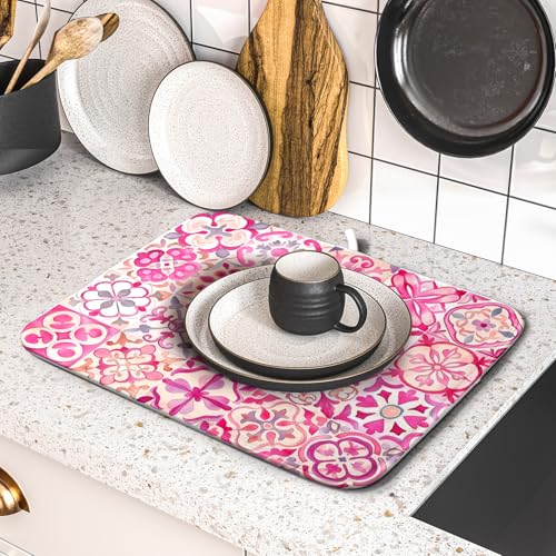Pink Mexican Tiles Dish Drying Mat Absorbent Microfiber Dish Drying Pad for Kitchen Multi (Mexican Tiles Pink / 18" x 16")