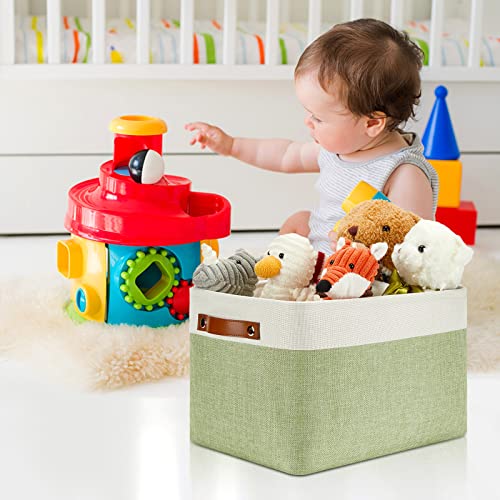 Fabric Storage Bins for Laundry (White&Green / L-15"x11"x9.5")
