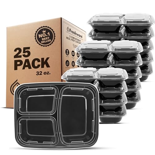 Meal Prep Containers [25 Pack] 3 Compartment with Lids (32OZ-25PK)