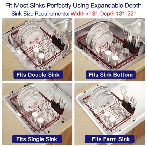 Red Expandable Dish Drying Rack Over Sink with Extra Drying Mat (Red / For 13"-30" W Sink with Mat)