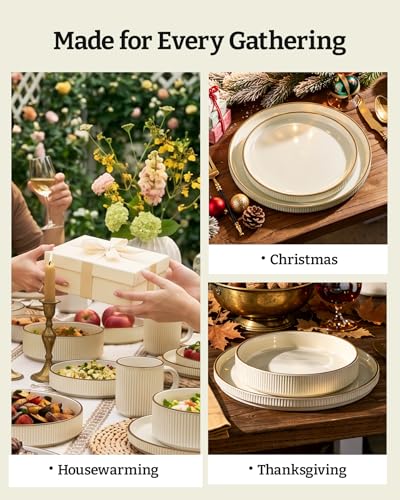 Stoneware Dinnerware Sets with Pasta Bowls (Cream / Service for 6 - Double Bowls)