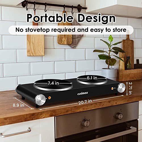 Hot Plate for Cooking 1800W Portable Electric Double Burner Countertop Cooktop Cast Iron Stove Heating Plate with 7 Power Levels Adjustable Temp Control (Black / Double)